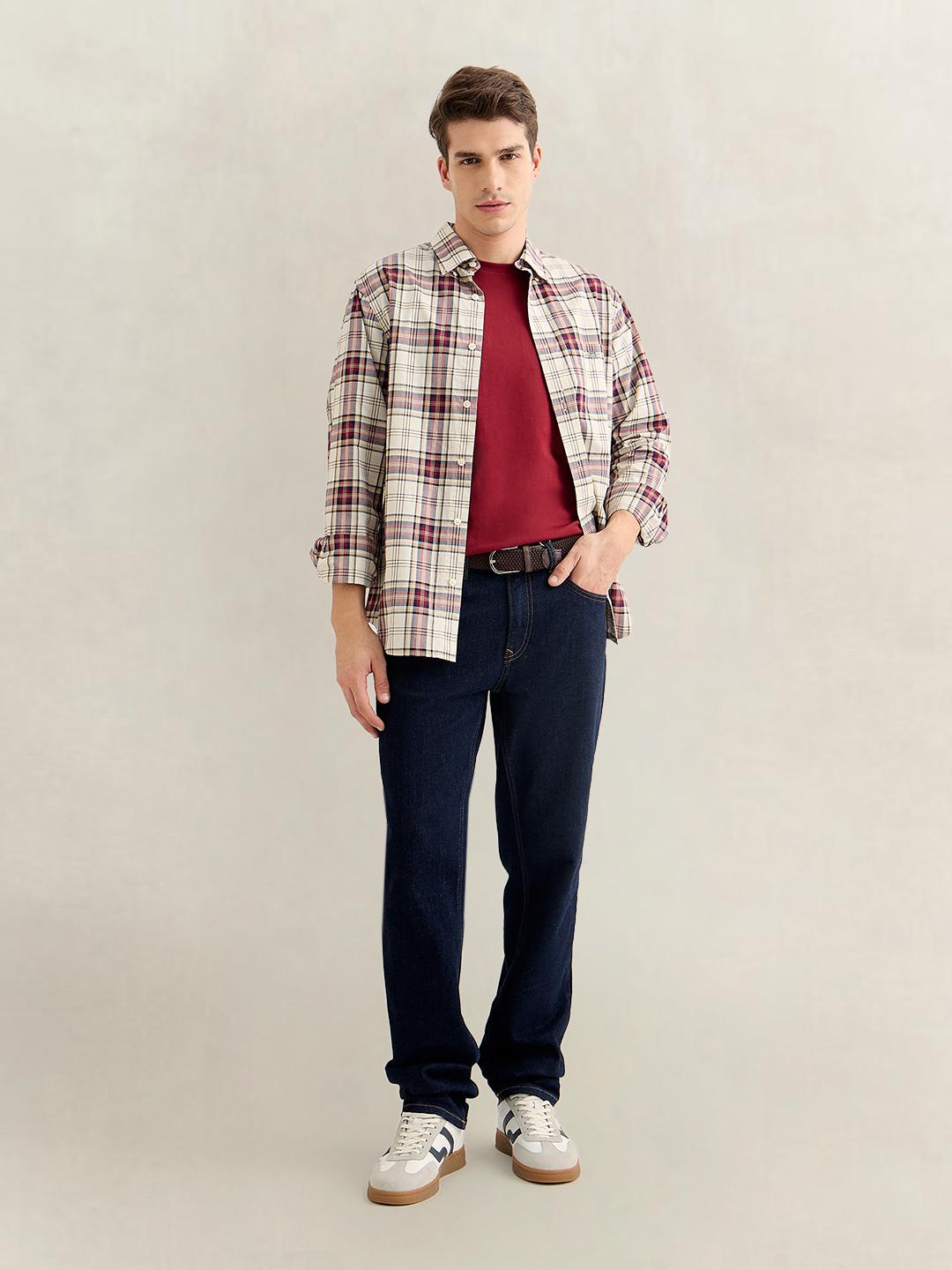 Gant Men Wine Regular Fit Checked Poplin Shirt