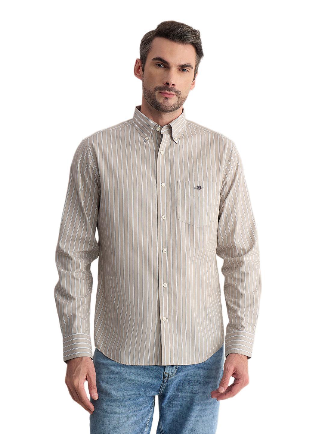 Gant Men Beige Regular Fit Striped Poplin Shirt