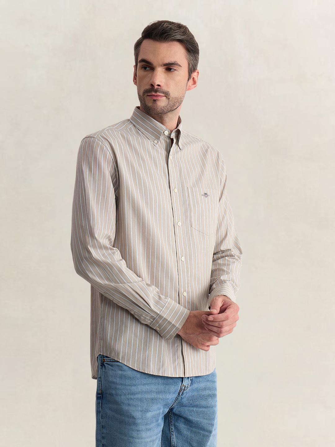Gant Men Beige Regular Fit Striped Poplin Shirt