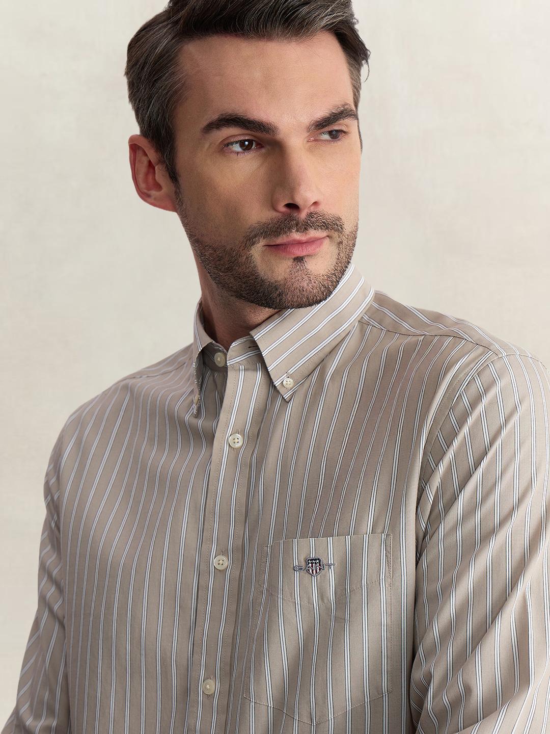 Gant Men Beige Regular Fit Striped Poplin Shirt