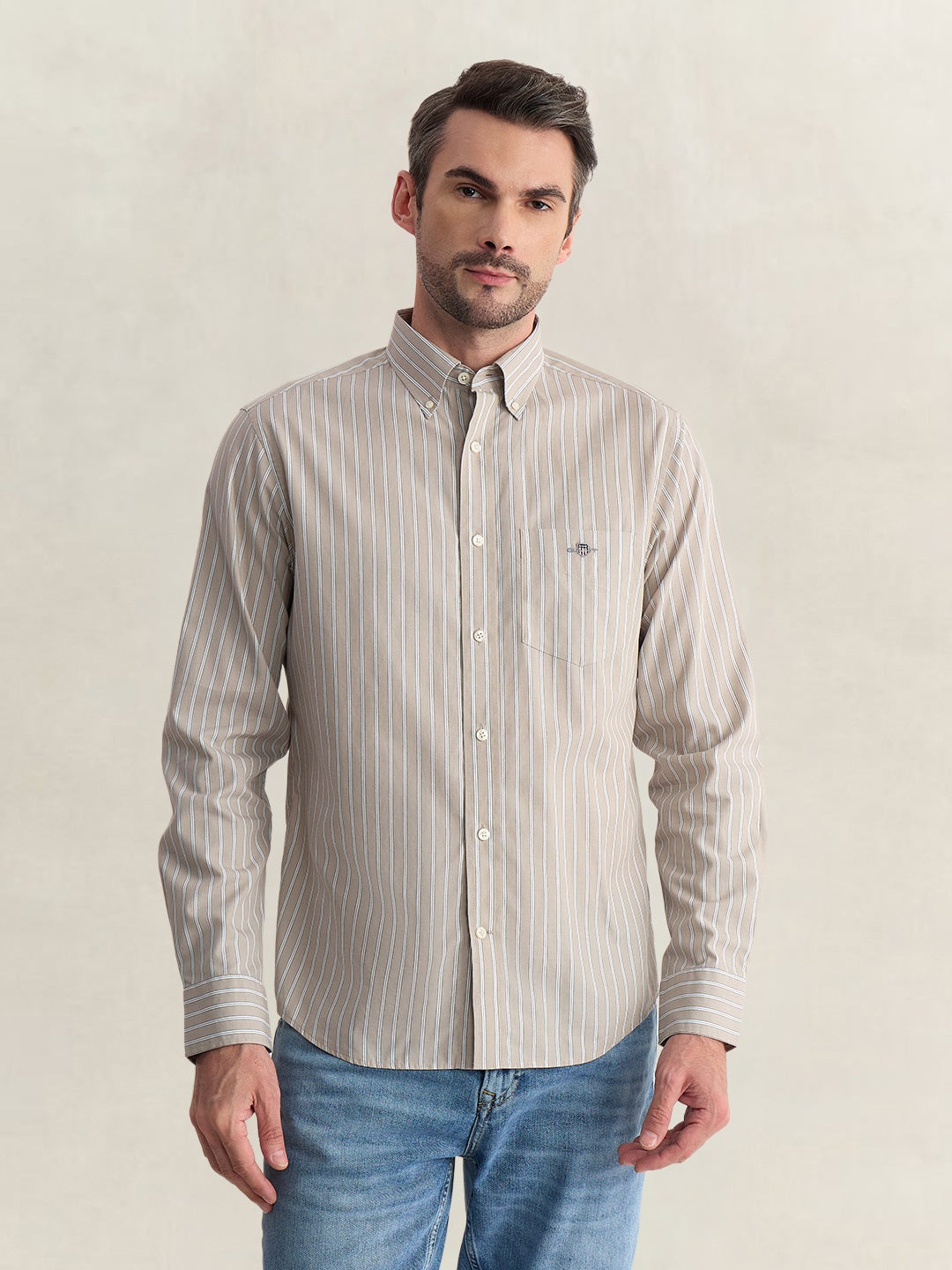 Gant Men Beige Regular Fit Striped Poplin Shirt