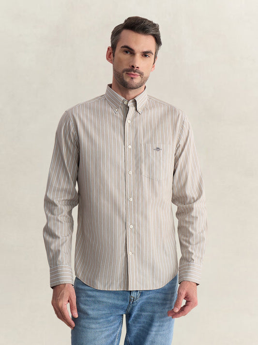 Gant Men Beige Regular Fit Striped Poplin Shirt