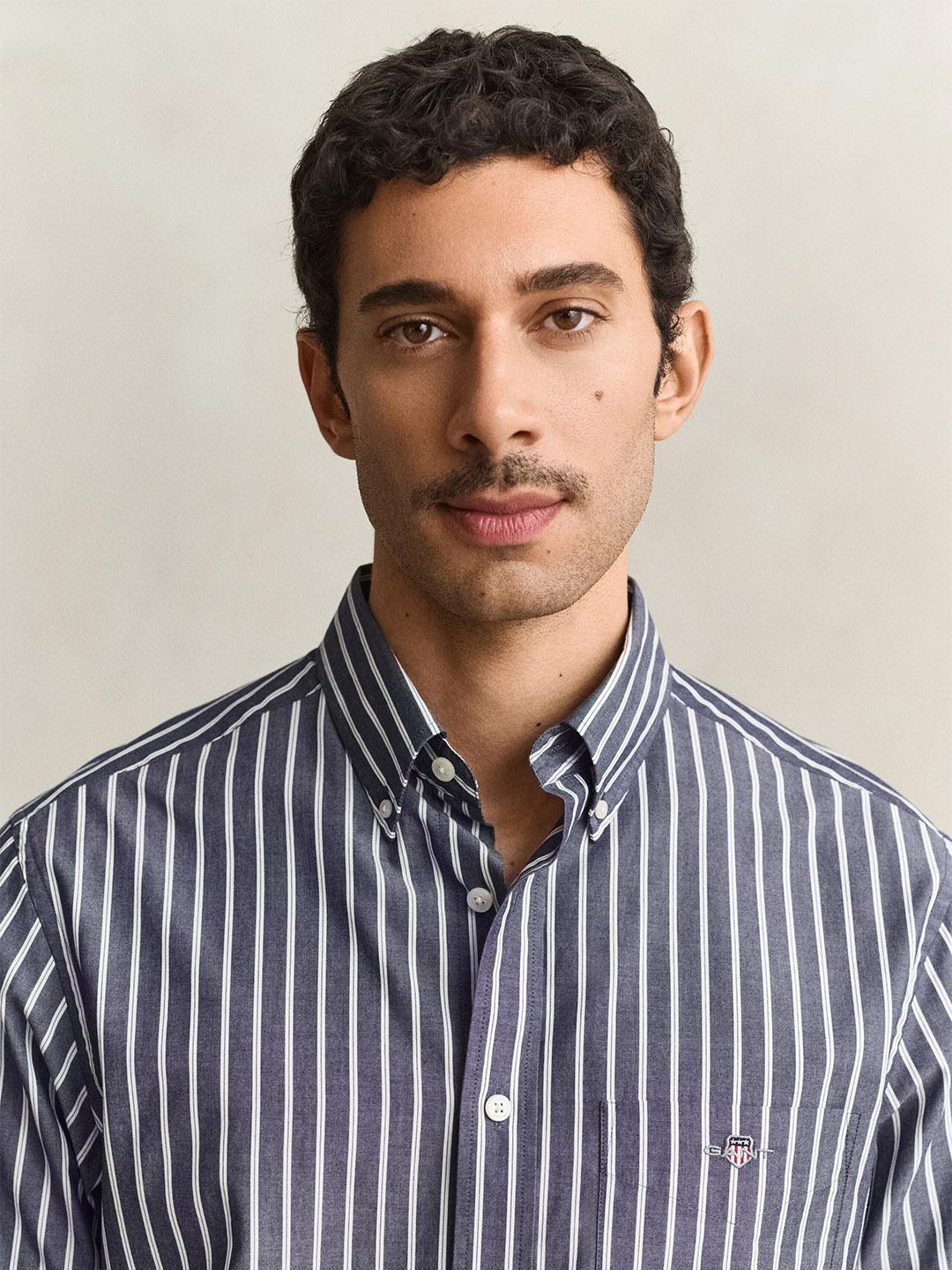Gant Men Blue Striped Regular Fit Poplin Shirt