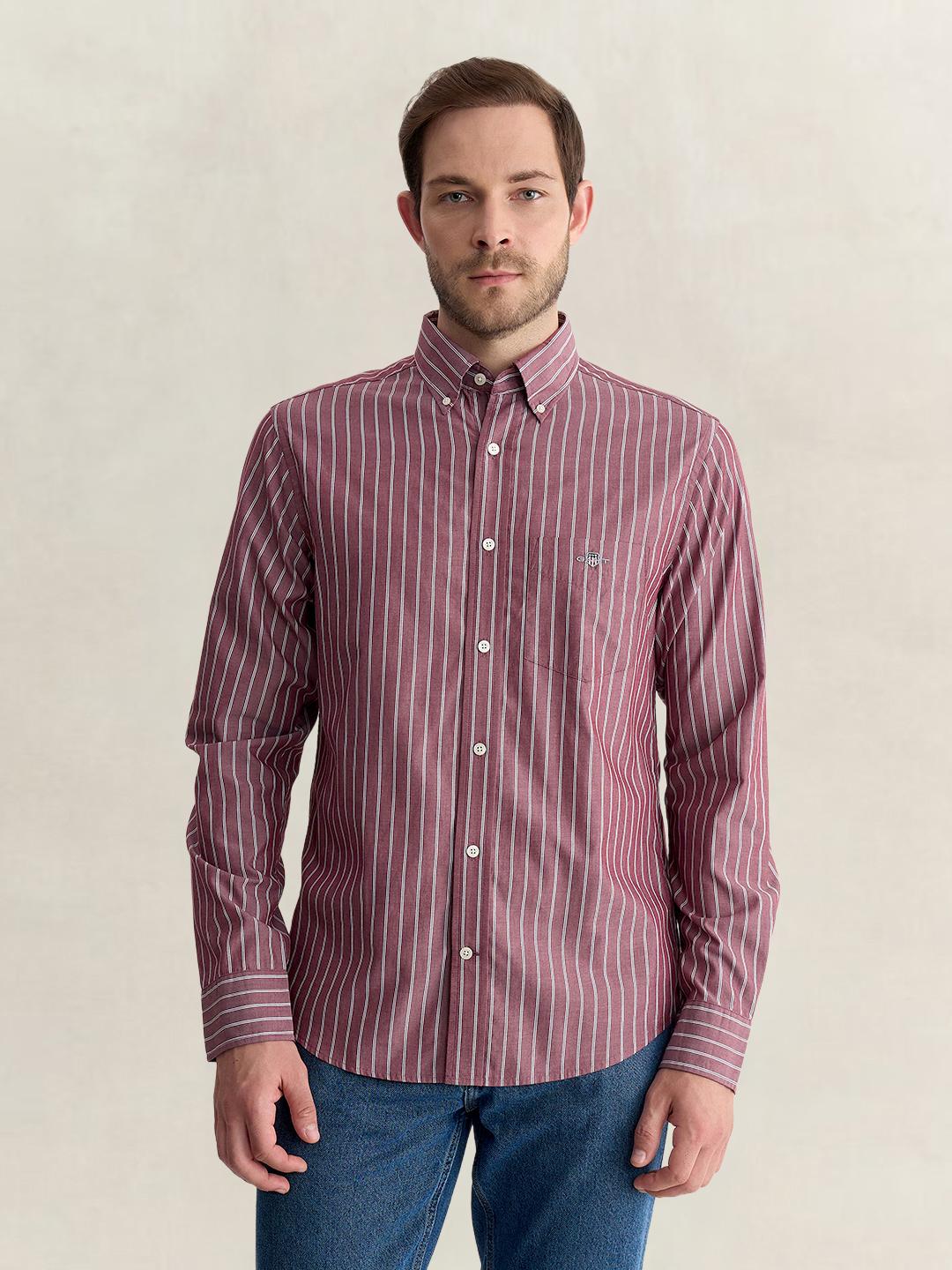 Gant Men Wine Regular Fit Striped Poplin Shirt