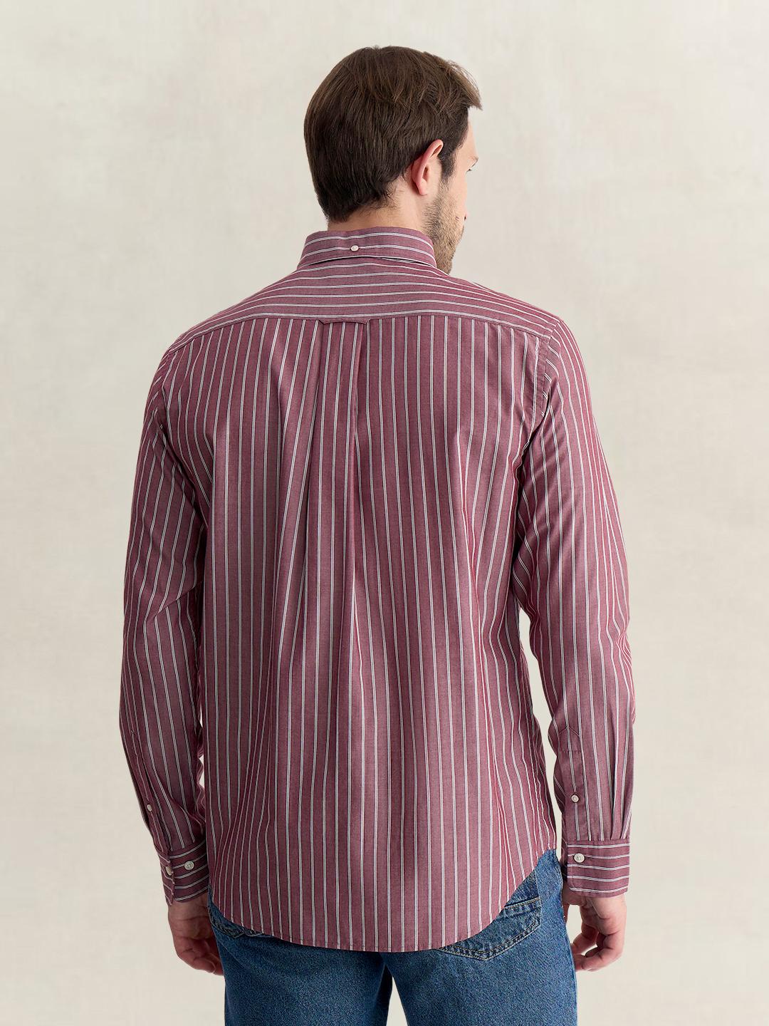 Gant Men Wine Regular Fit Striped Poplin Shirt