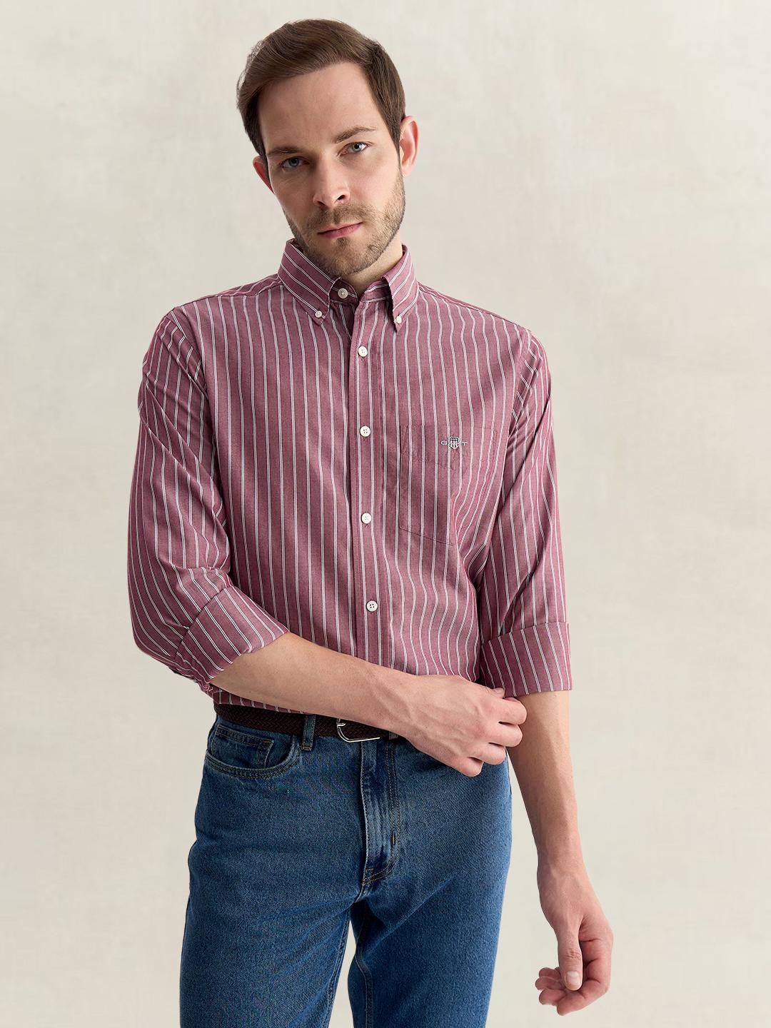 Gant Men Wine Regular Fit Striped Poplin Shirt