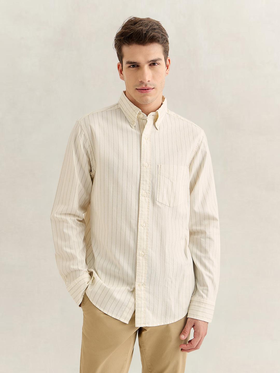 Gant Men Cream Regular Fit Striped Oxford Shirt