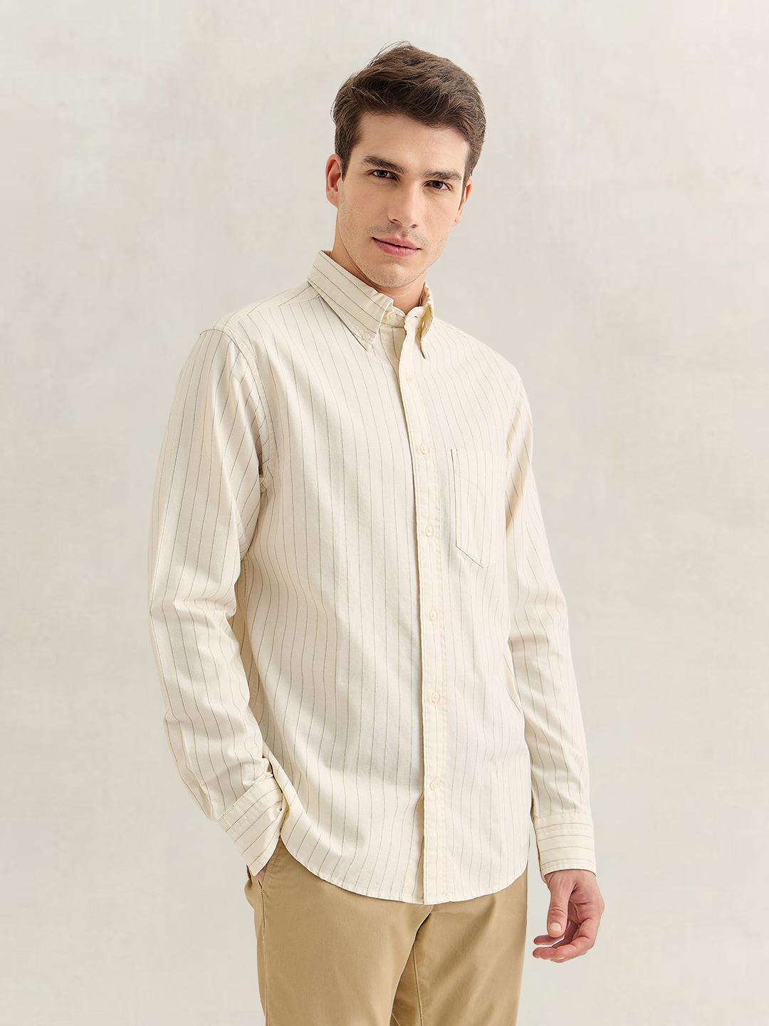 Gant Men Cream Regular Fit Striped Oxford Shirt
