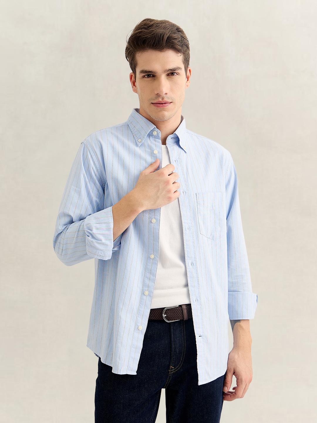 Gant Men Light Blue Regular Fit Striped Oxford Shirt