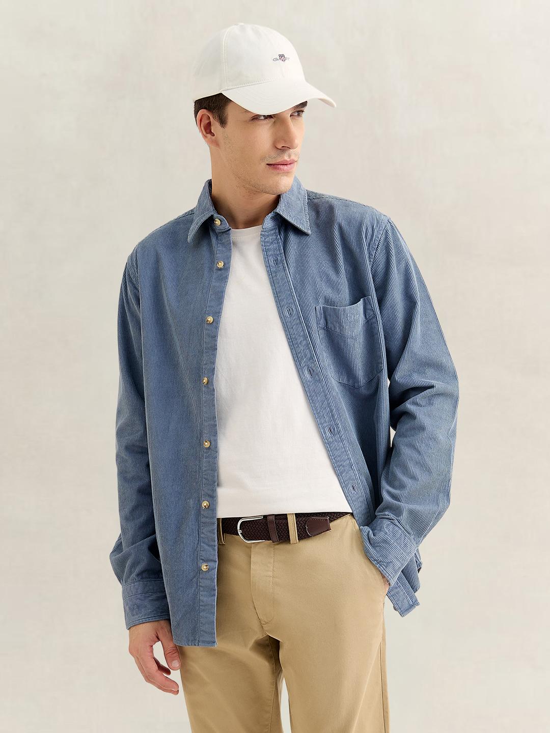 Gant Men Blue Regular Fit Solid Corduroy Shirt
