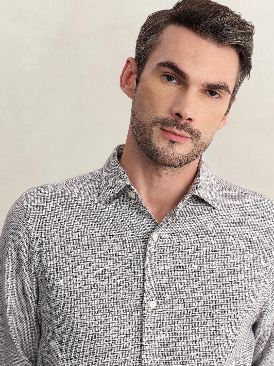 Gant Men Grey Regular Fit Houndstooth Check Pure Cotton Shirt