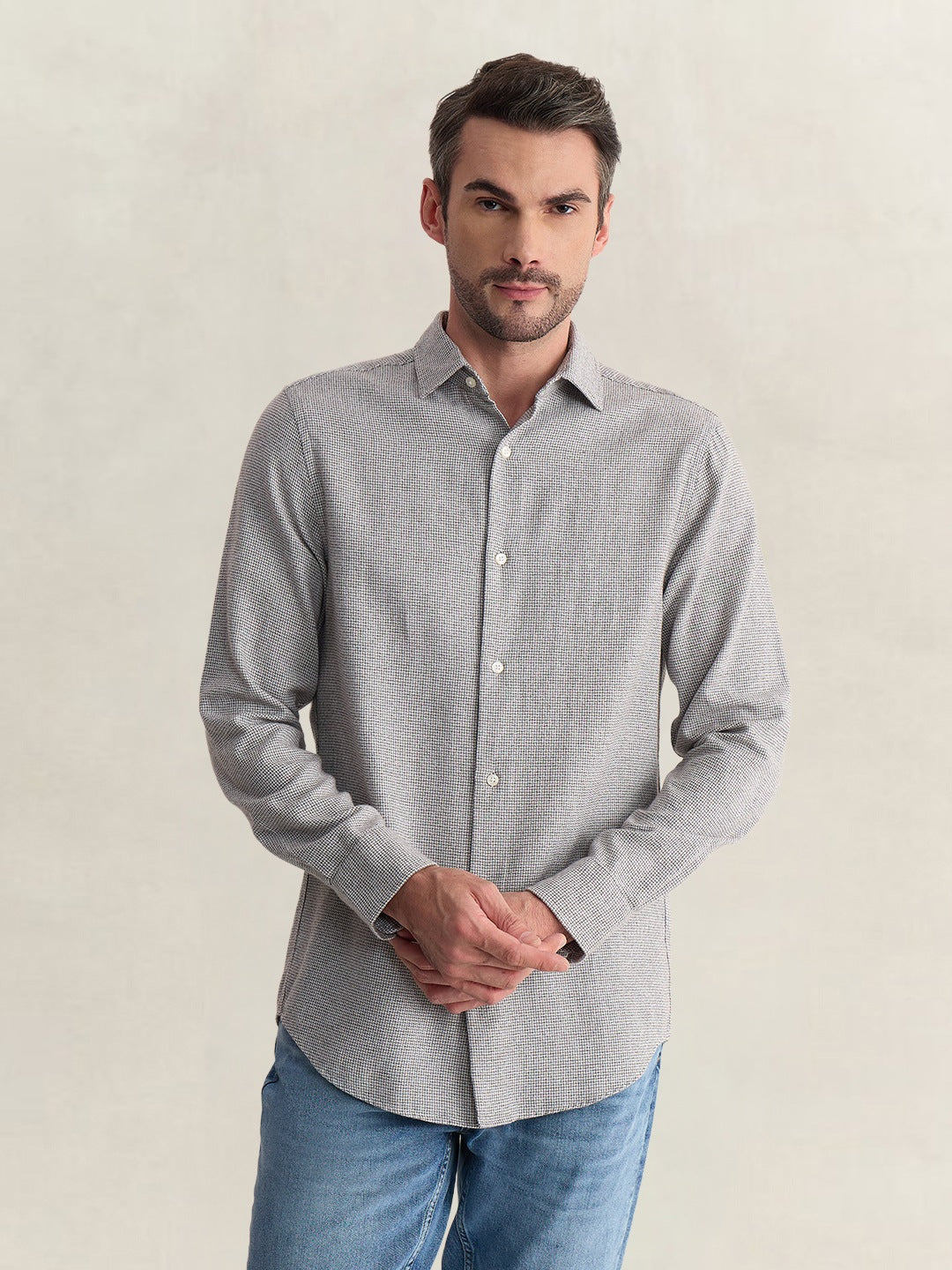 Gant Men Grey Regular Fit Houndstooth Check Pure Cotton Shirt