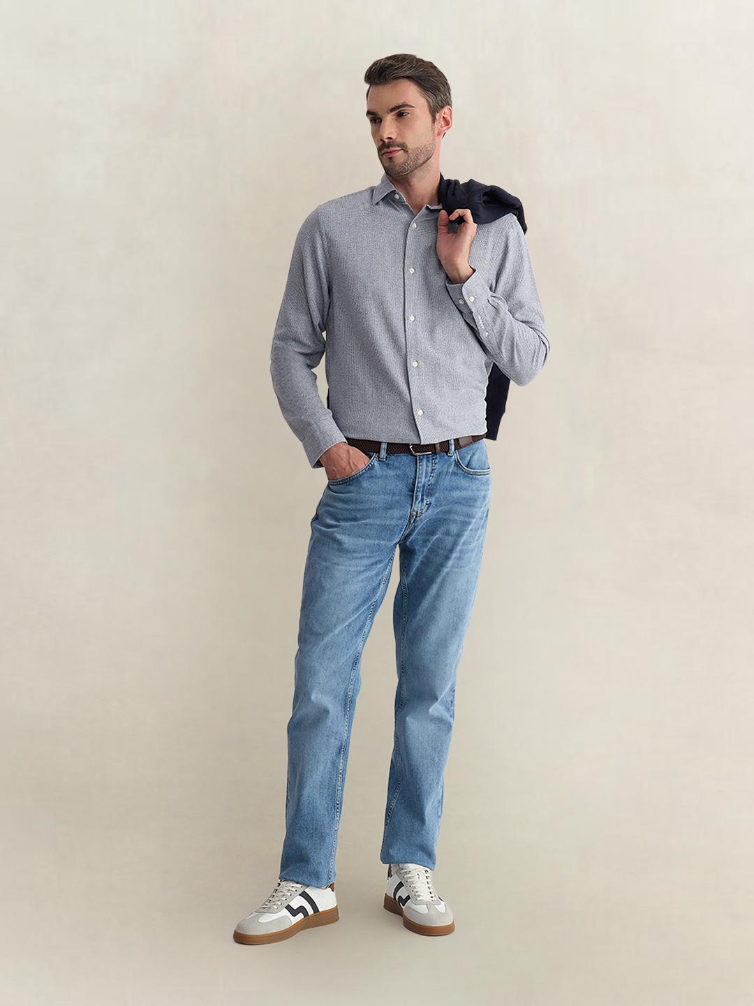 Gant Men Blue Regular Fit Houndstooth Check Pure Cotton Shirt