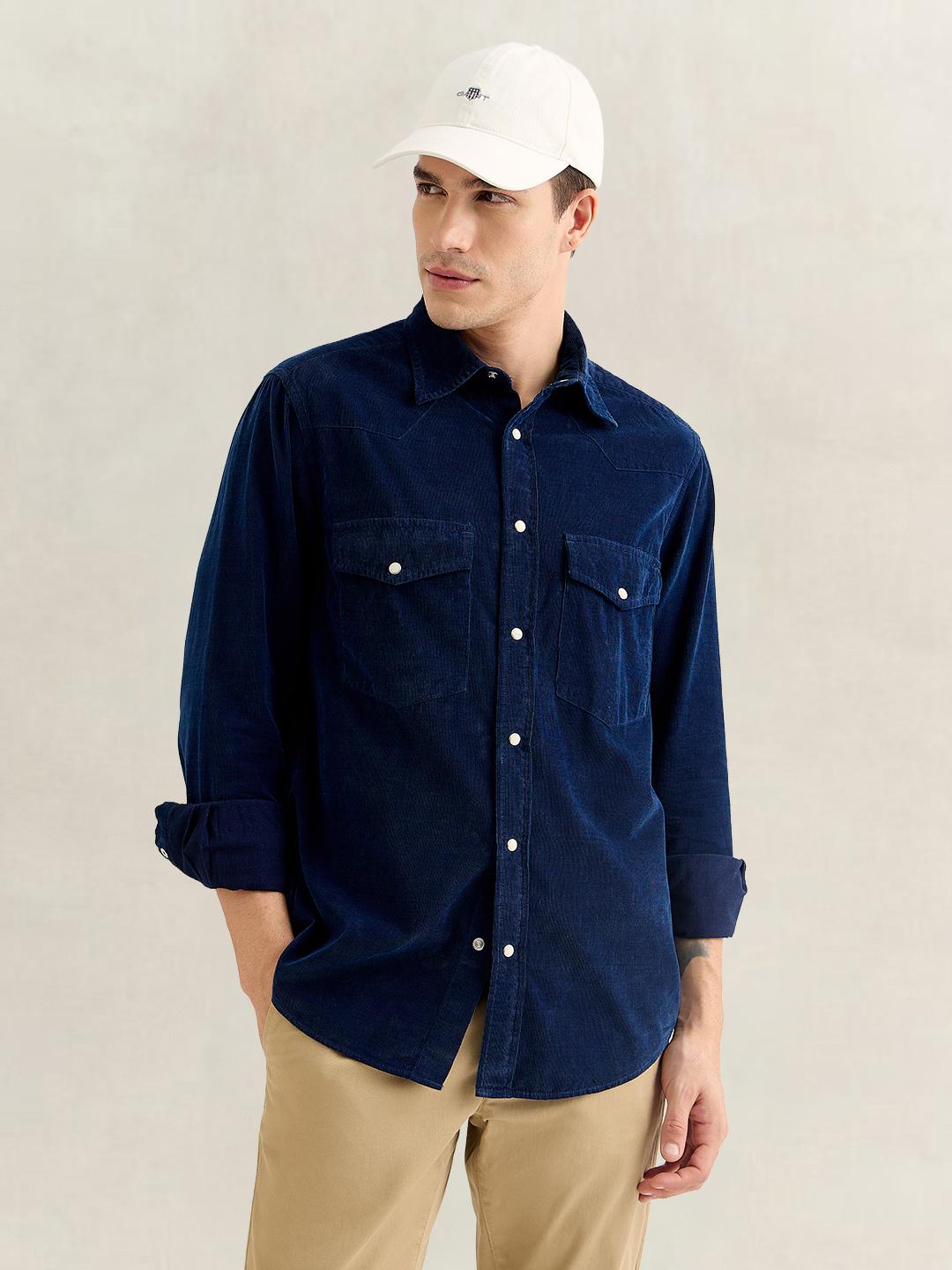 Gant Men Navy Blue Regular Fit Solid Corduroy Shirt