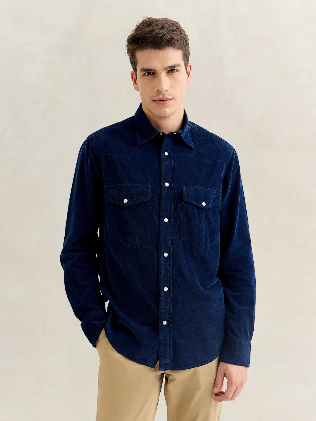 Gant Men Navy Blue Regular Fit Solid Corduroy Shirt