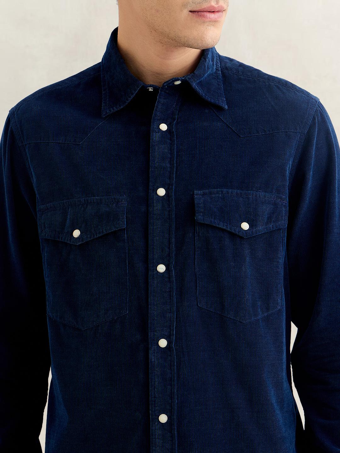 Gant Men Navy Blue Regular Fit Solid Corduroy Shirt