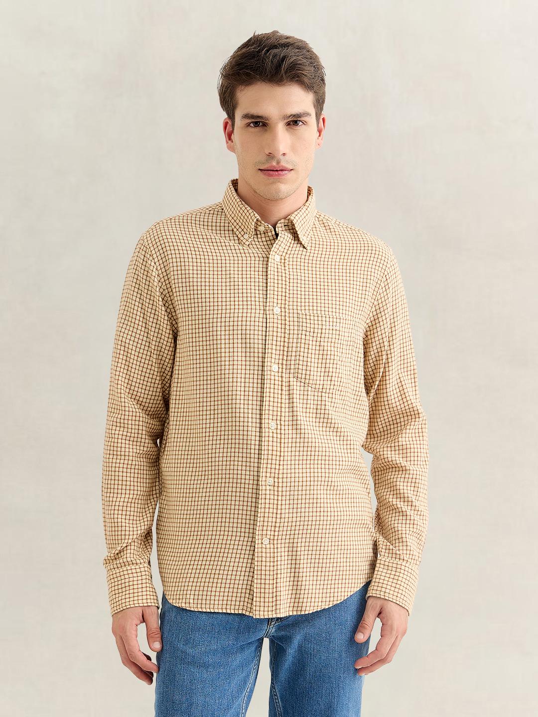 Gant Men Brown Regular Fit Checked Cotton Flannel Shirt
