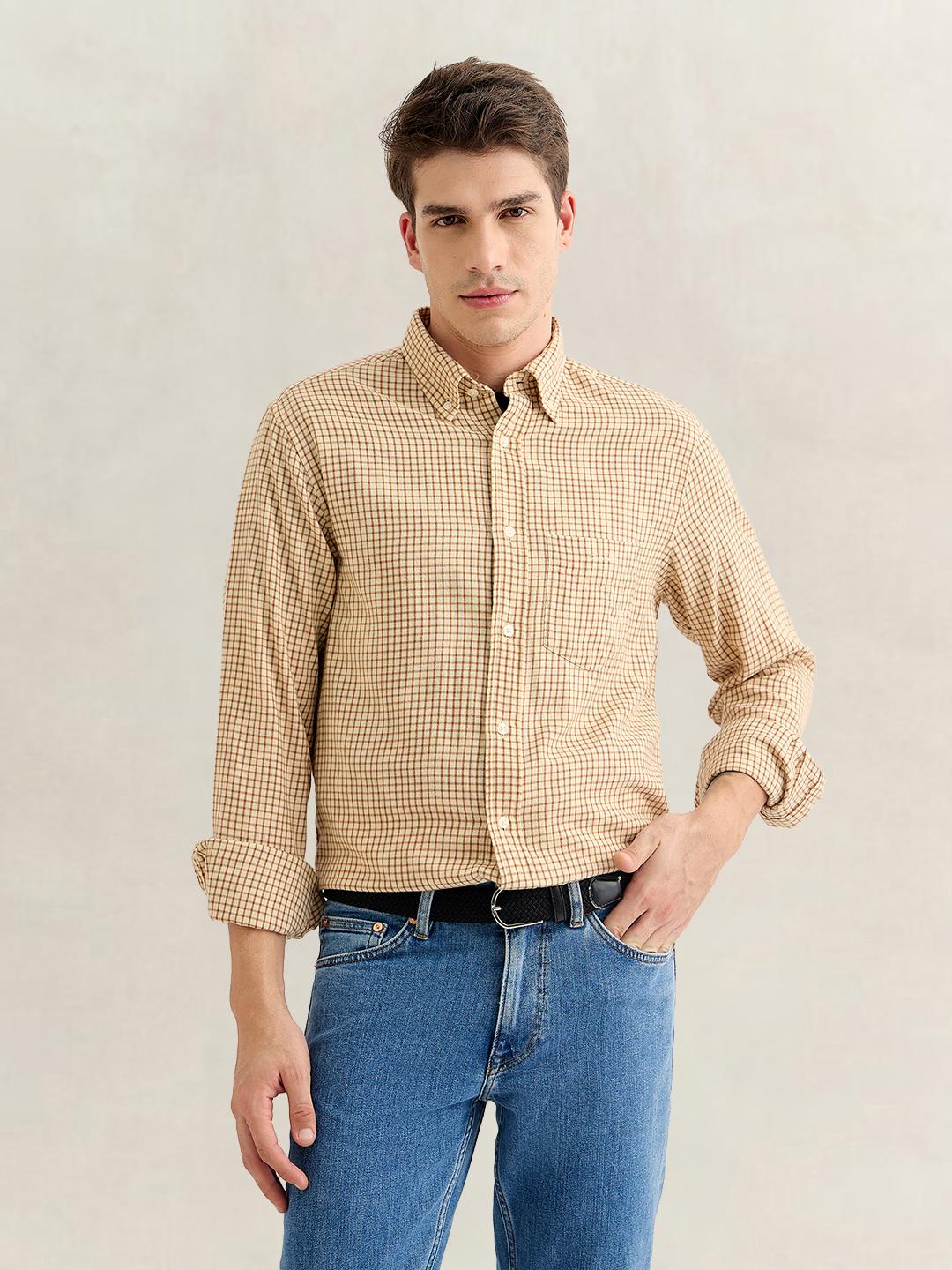 Gant Men Brown Regular Fit Checked Cotton Flannel Shirt
