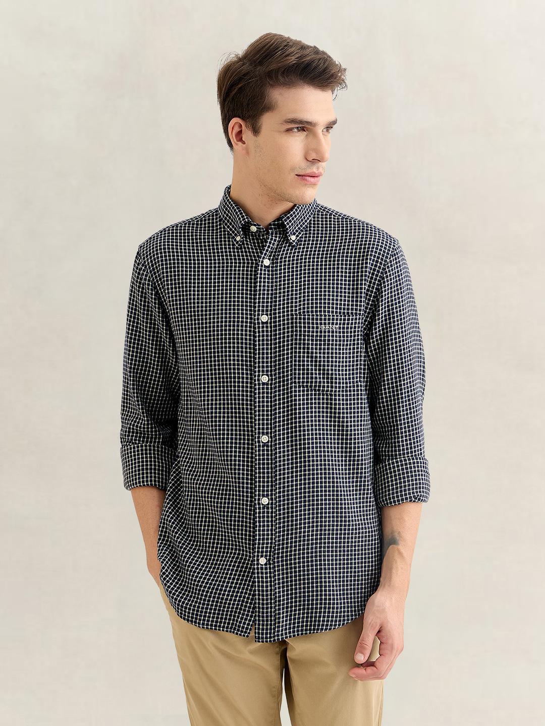 Gant Men Navy Blue Regular Fit Checked Cotton Flannel Shirt