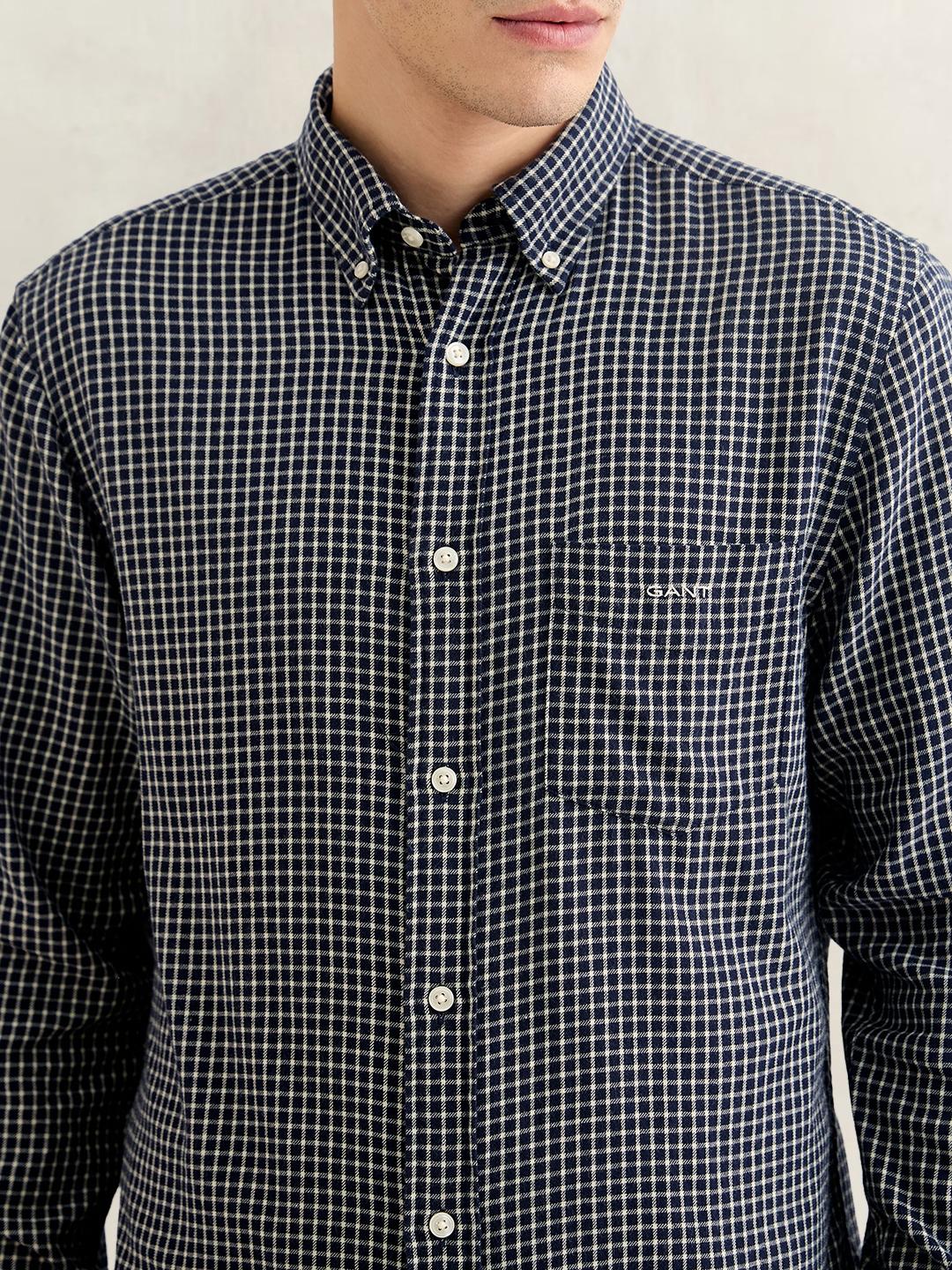 Gant Men Navy Blue Regular Fit Checked Cotton Flannel Shirt
