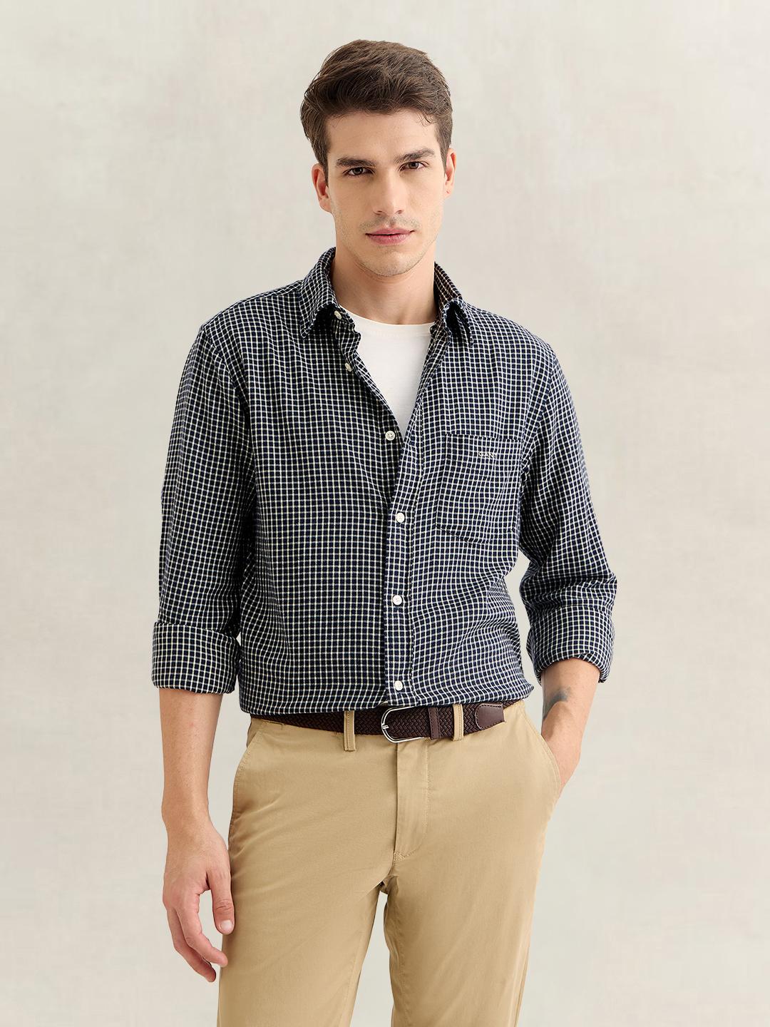 Gant Men Navy Blue Regular Fit Checked Cotton Flannel Shirt