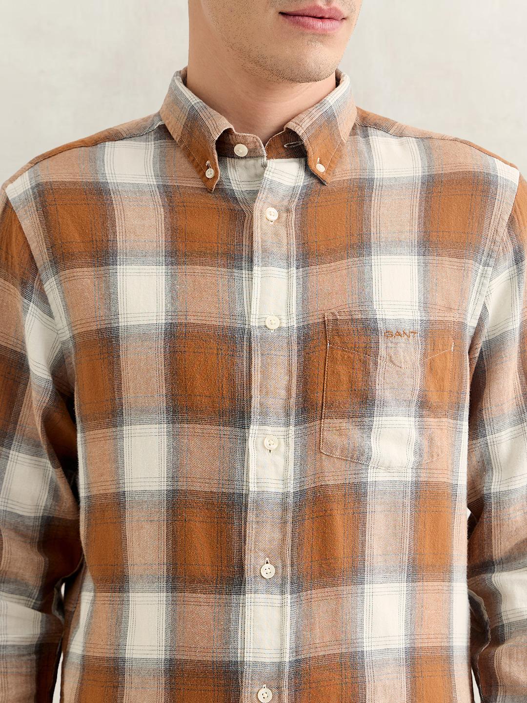 Gant Men Brown Regular Fit Checked Cotton Flannel Shirt