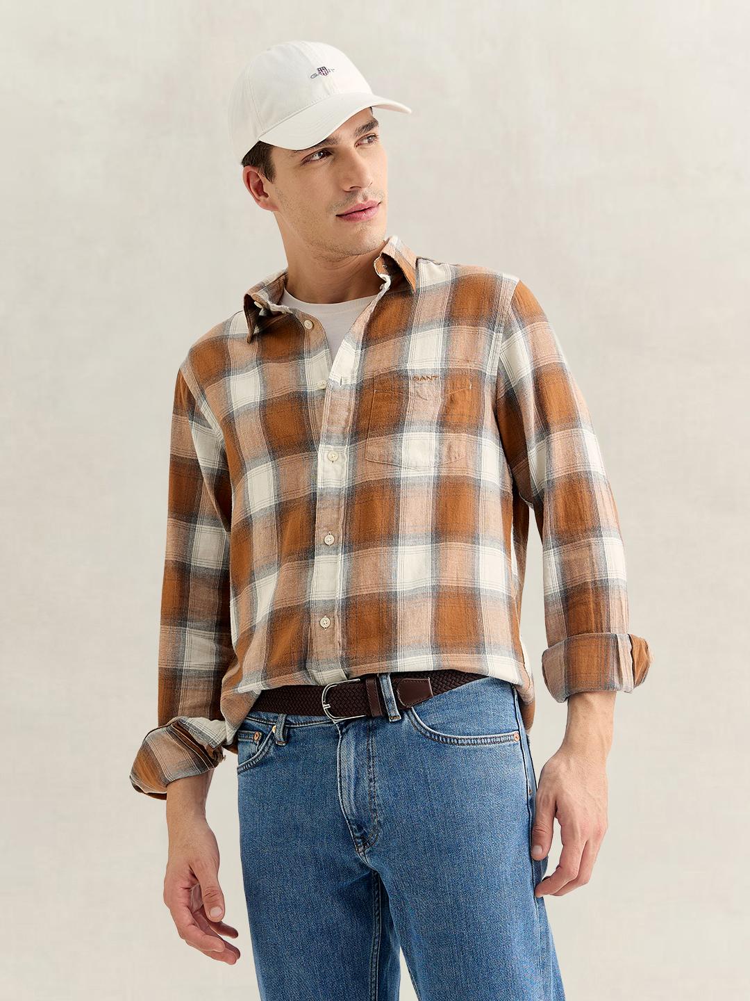 Gant Men Brown Regular Fit Checked Cotton Flannel Shirt
