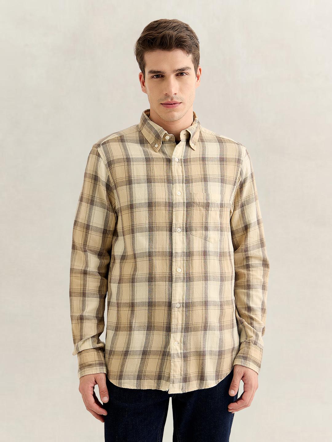 Gant Men Beige Regular Fit Checked Cotton Flannel Shirt