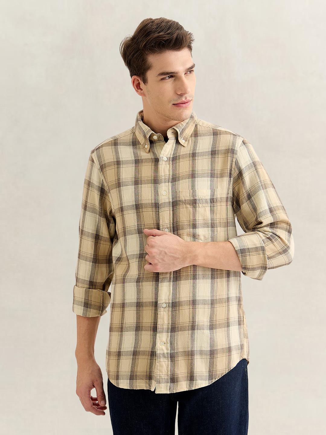 Gant Men Beige Regular Fit Checked Cotton Flannel Shirt