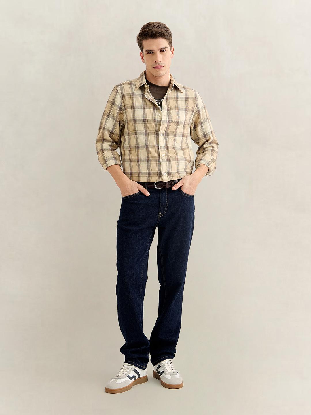 Gant Men Beige Regular Fit Checked Cotton Flannel Shirt