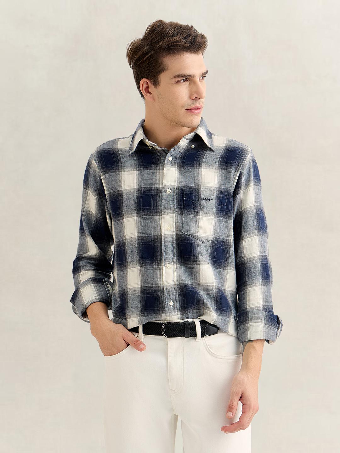 Gant Men Navy Blue Regular Fit Checked Cotton Flannel Shirt