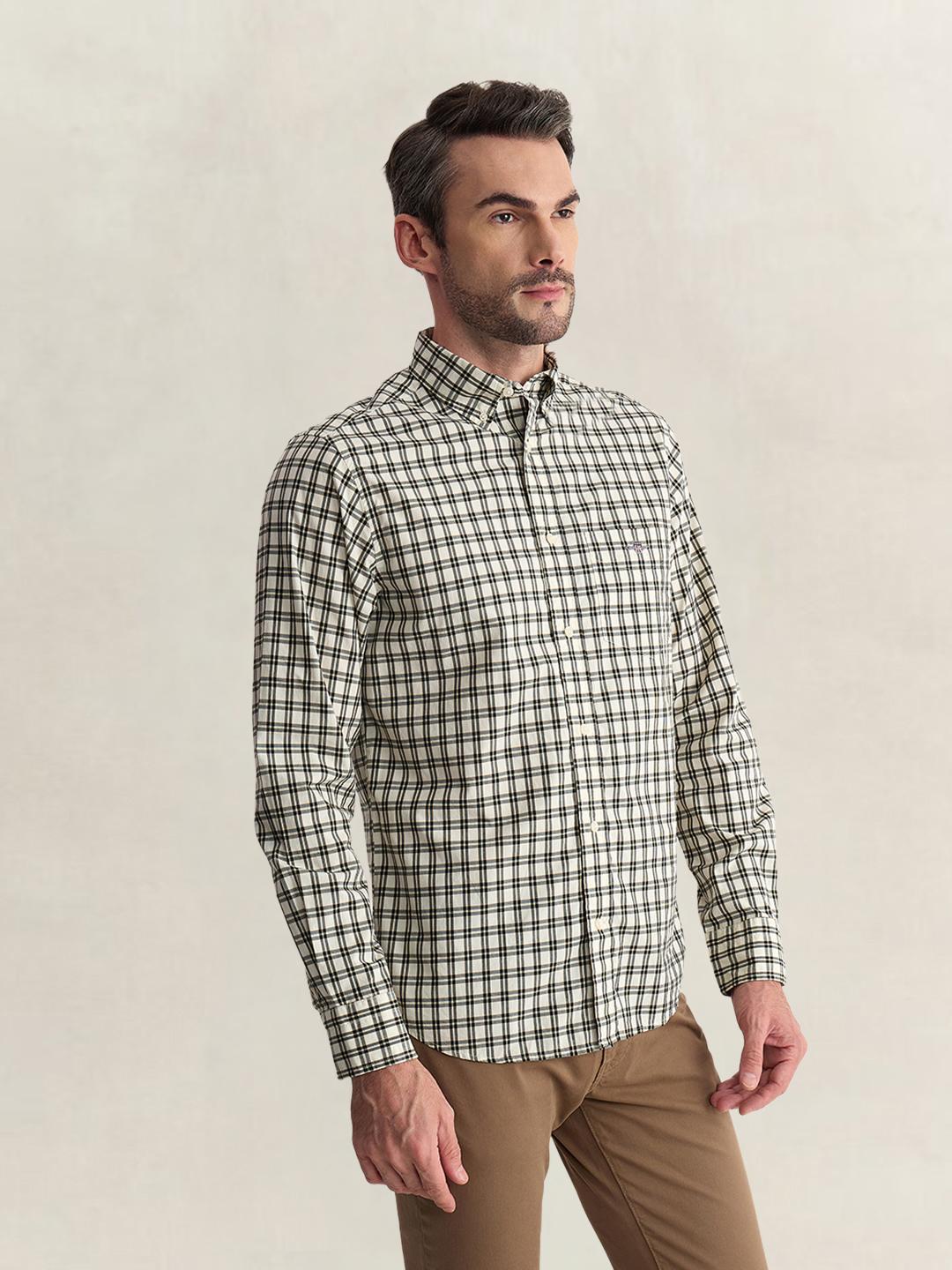 Gant Men Cream Regular Fit Checked Poplin Shirt