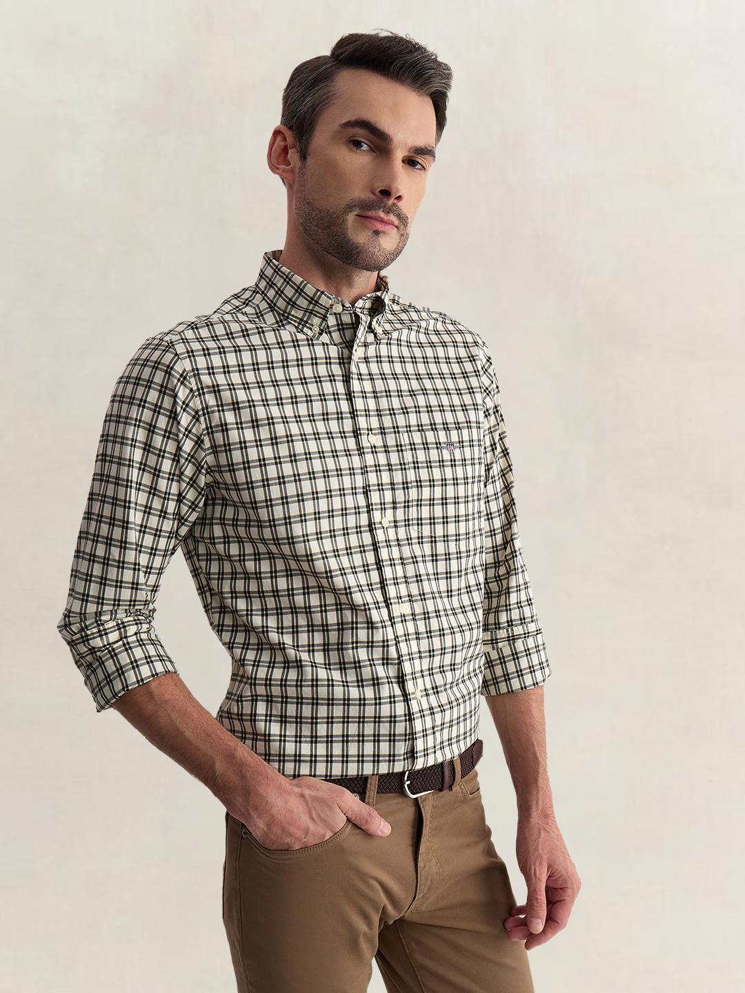 Gant Men Cream Regular Fit Checked Poplin Shirt