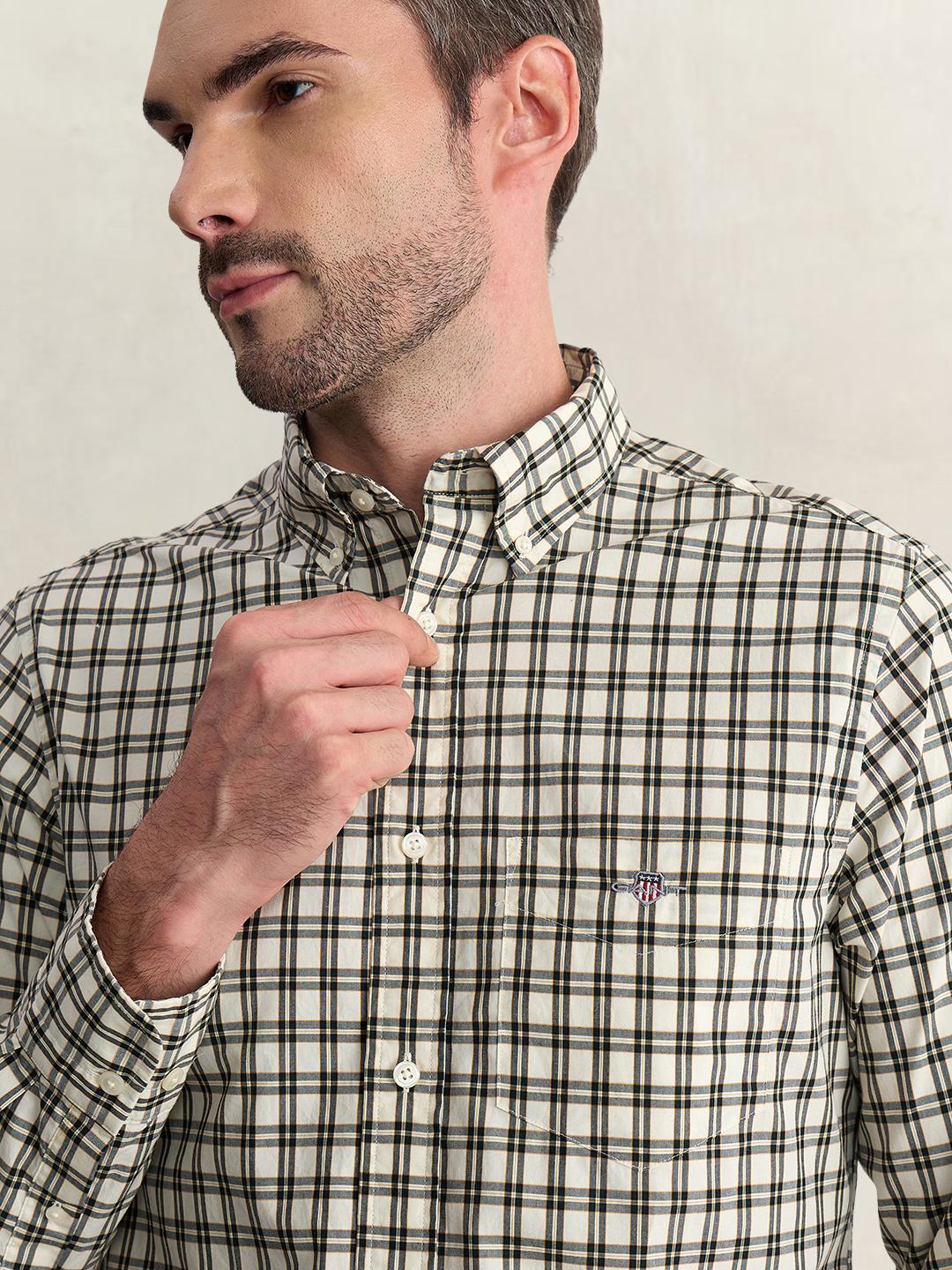 Gant Men Cream Regular Fit Checked Poplin Shirt