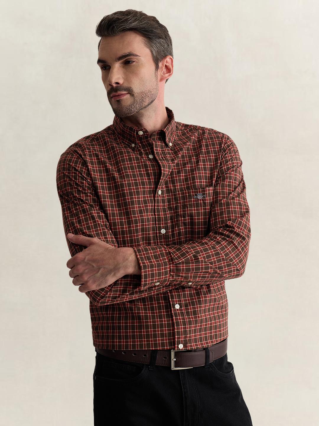 Gant Men Brown Regular Fit Checked Poplin Shirt