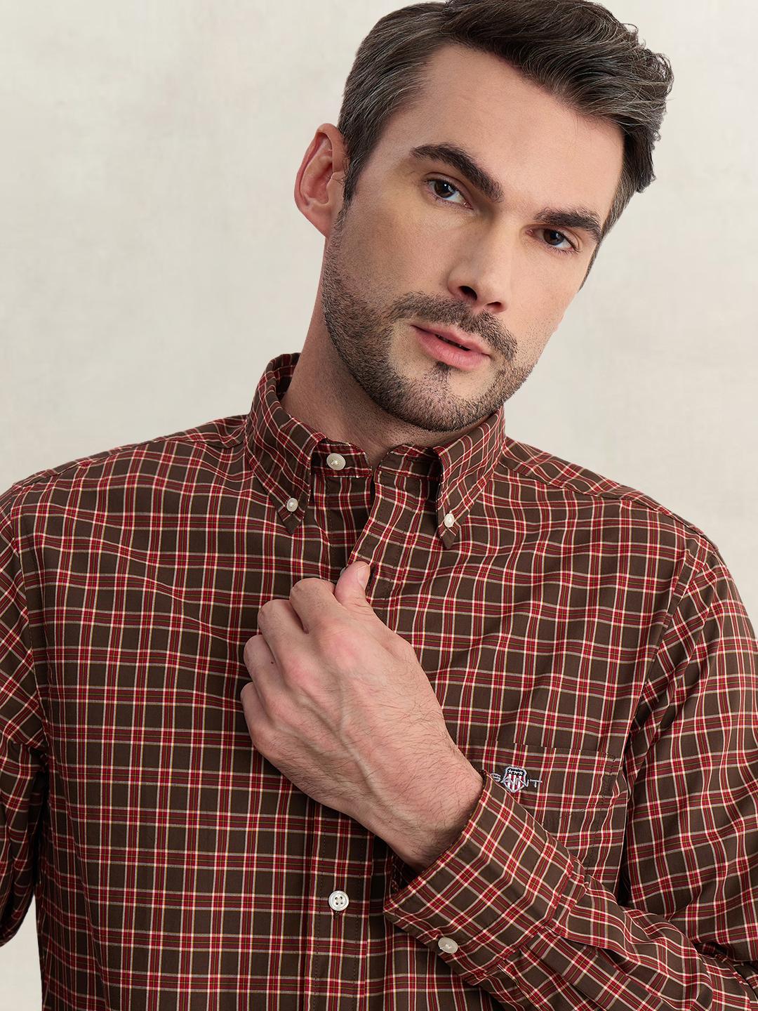 Gant Men Brown Regular Fit Checked Poplin Shirt