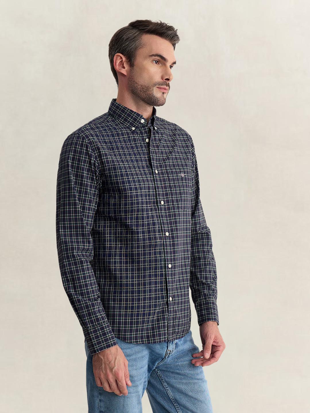 Gant Men Blue Regular Fit Checked Poplin Shirt