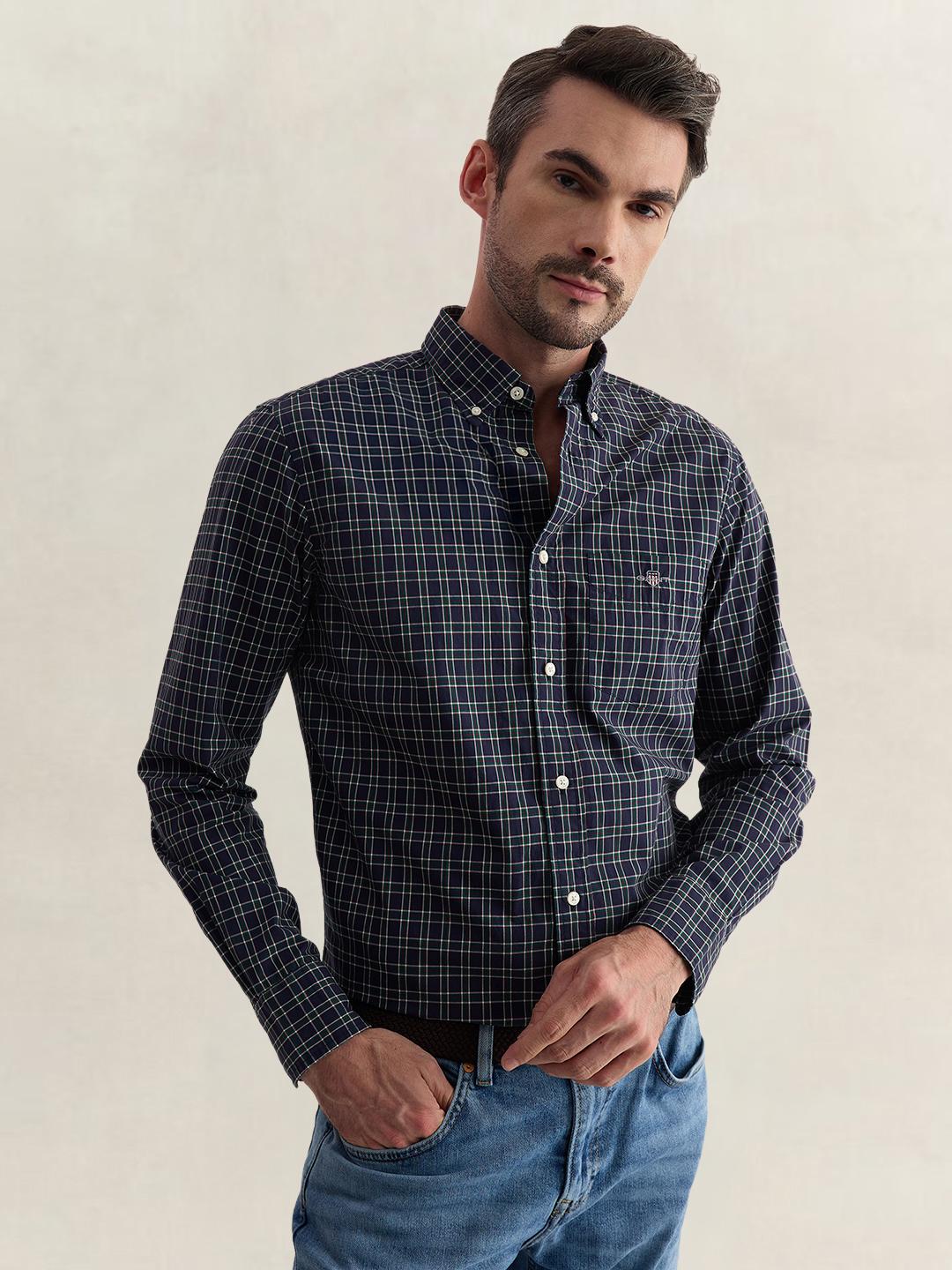 Gant Men Blue Regular Fit Checked Poplin Shirt
