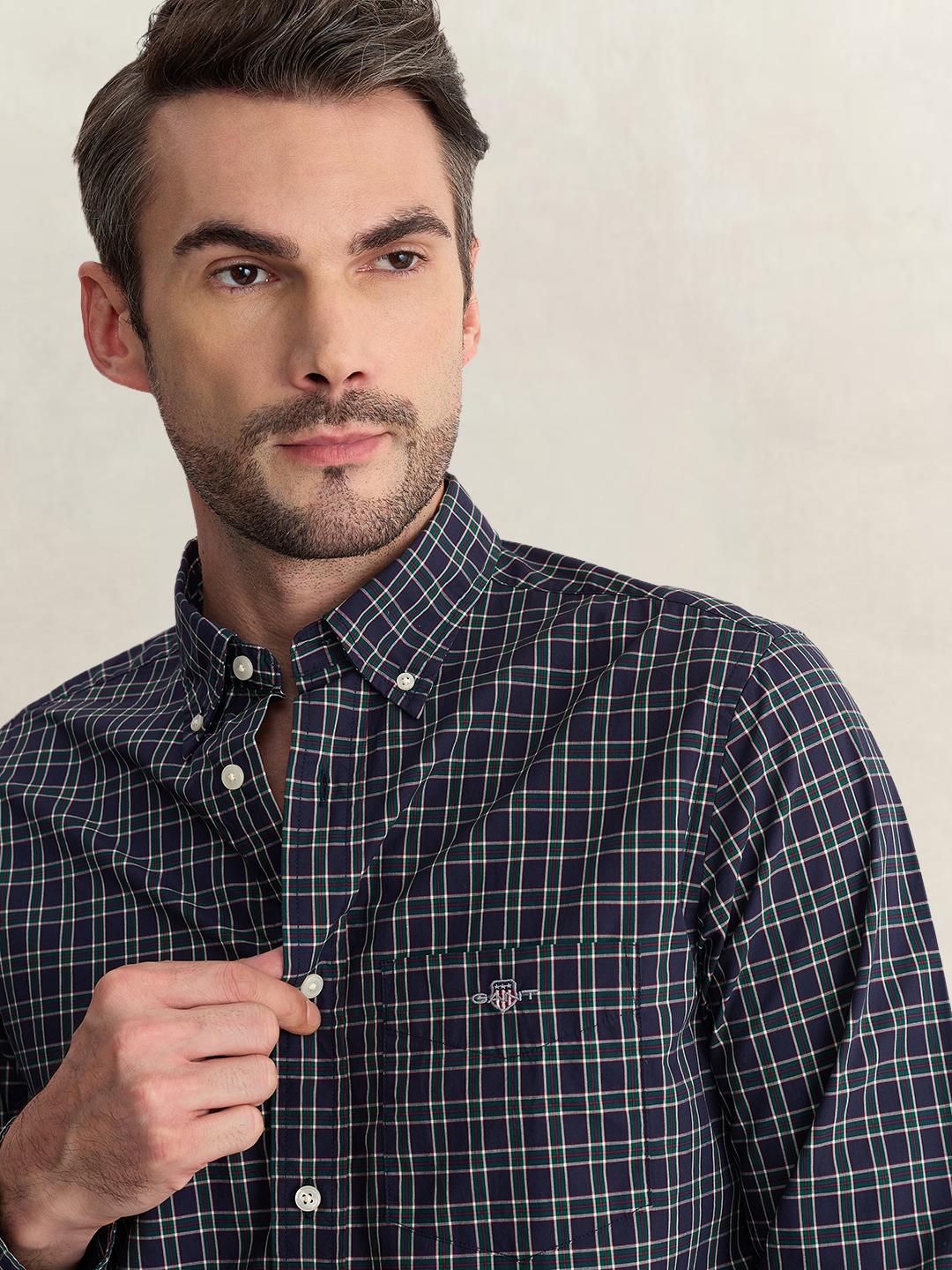 Gant Men Blue Regular Fit Checked Poplin Shirt