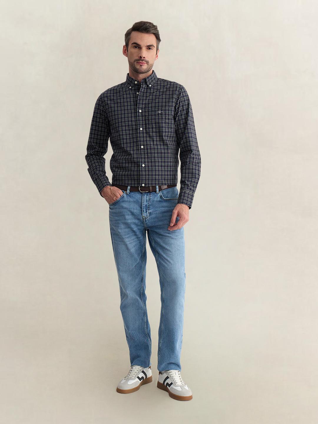 Gant Men Blue Regular Fit Checked Poplin Shirt