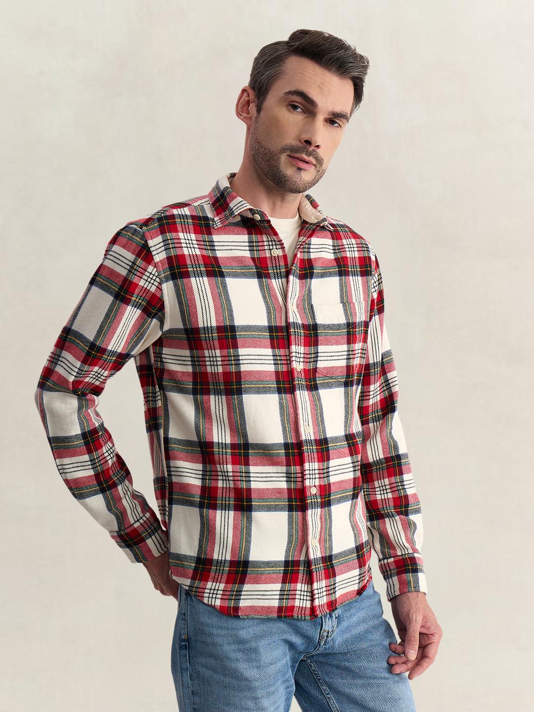Gant Men Off White Regular Fit Flannel Check Pure Cotton Shirt