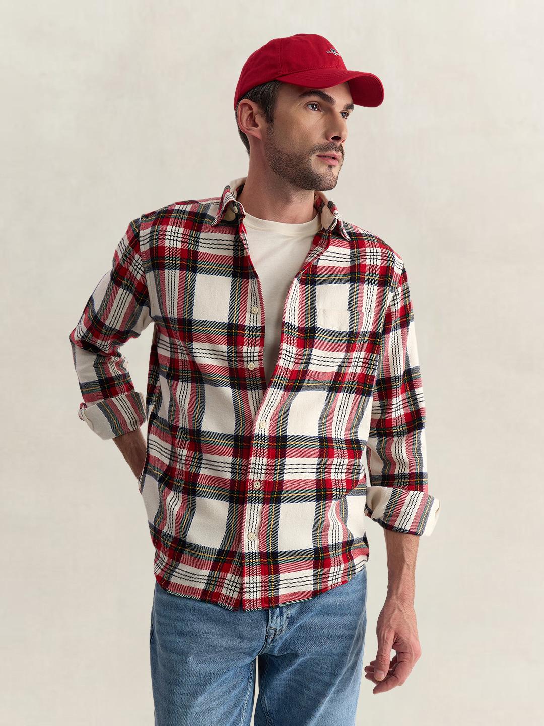 Gant Men Off White Regular Fit Flannel Check Pure Cotton Shirt
