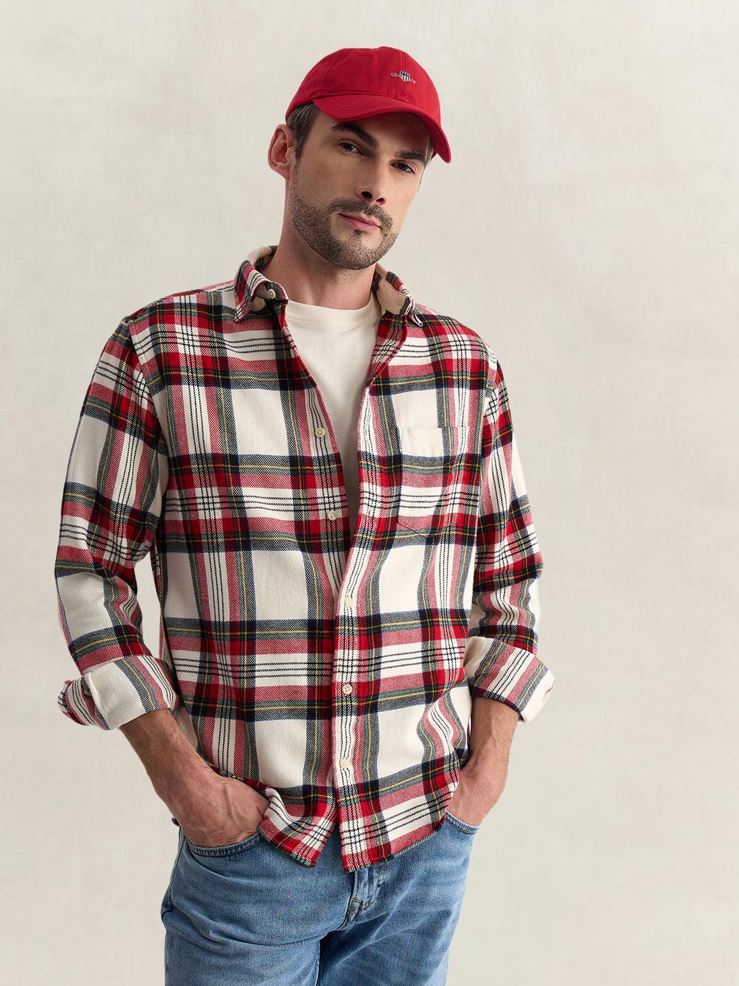 Gant Men Off White Regular Fit Flannel Check Pure Cotton Shirt