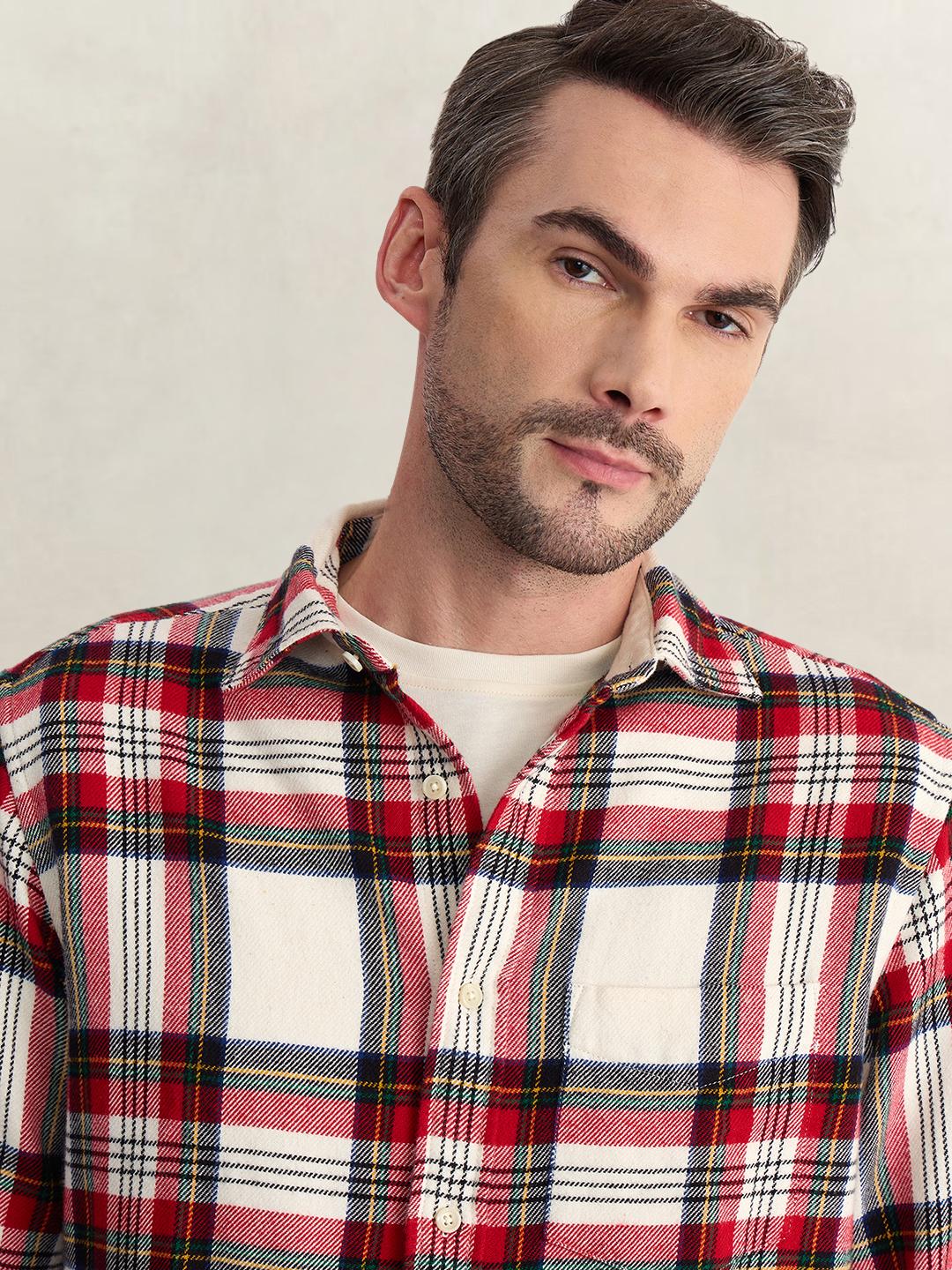Gant Men Off White Regular Fit Flannel Check Pure Cotton Shirt