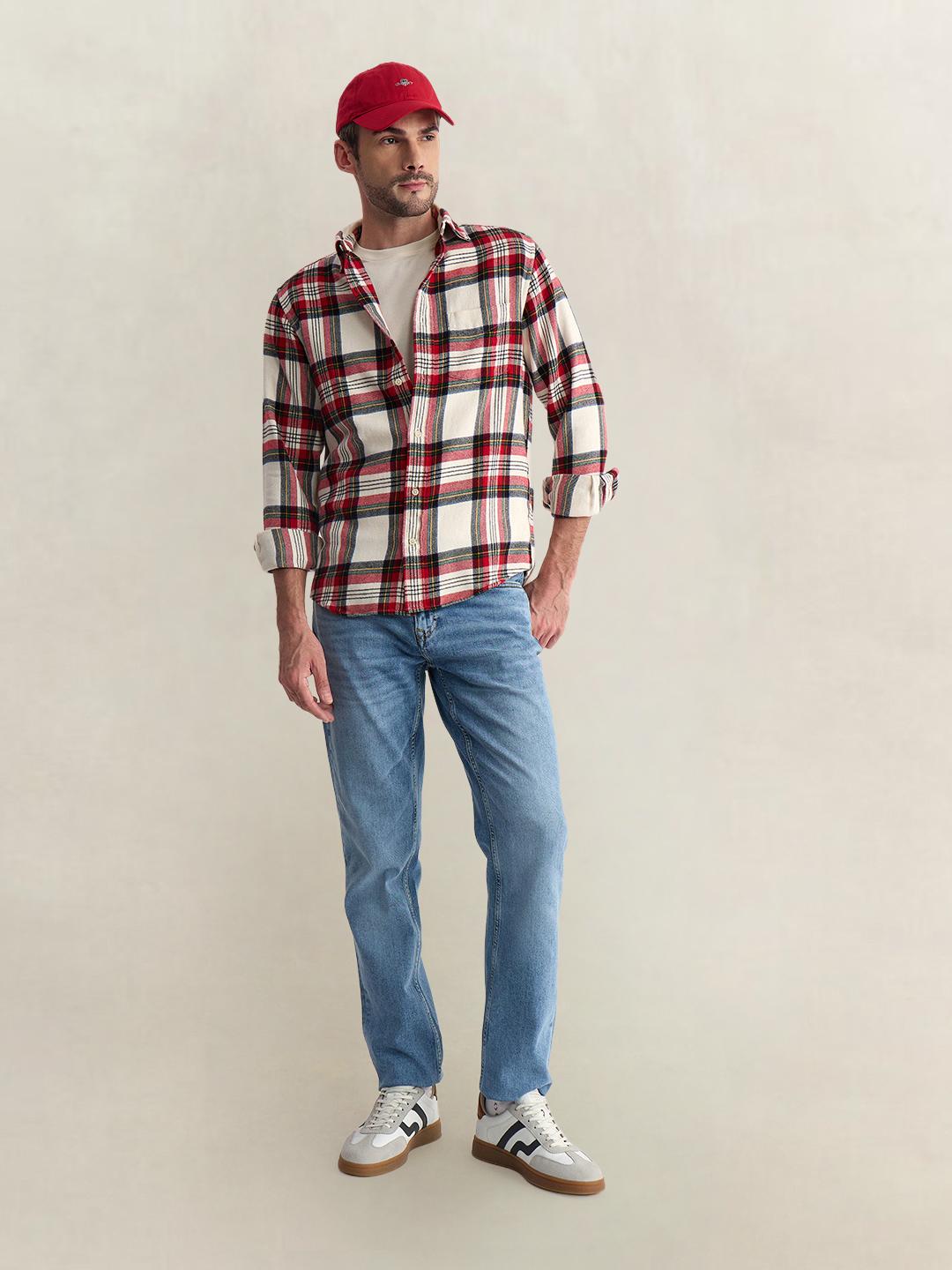 Gant Men Off White Regular Fit Flannel Check Pure Cotton Shirt