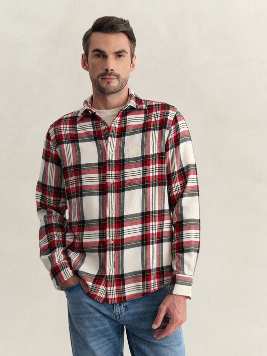 Gant Men Off White Regular Fit Flannel Check Pure Cotton Shirt
