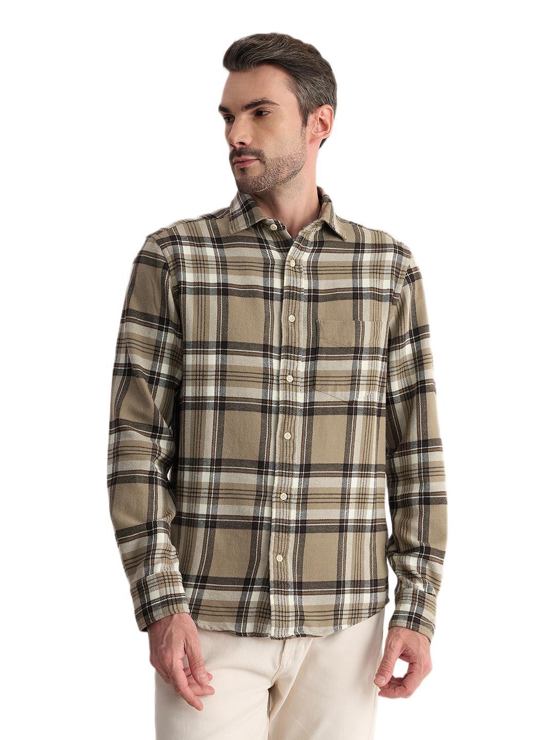 Gant Men Beige Regular Fit Flannel Check Pure Cotton Shirt