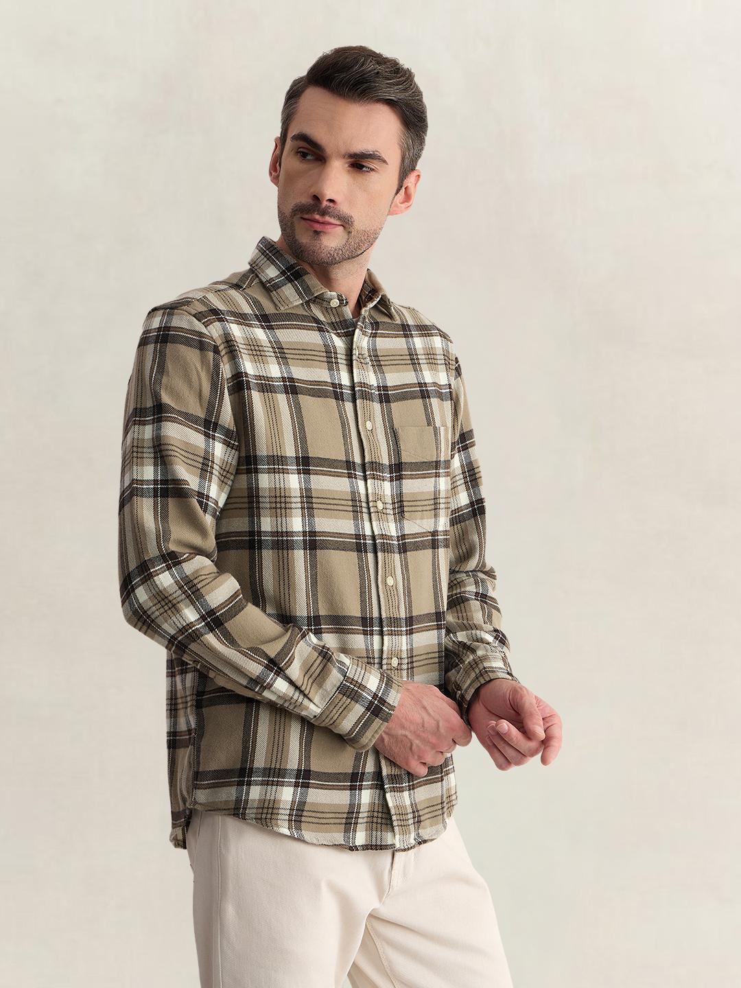 Gant Men Beige Regular Fit Flannel Check Pure Cotton Shirt