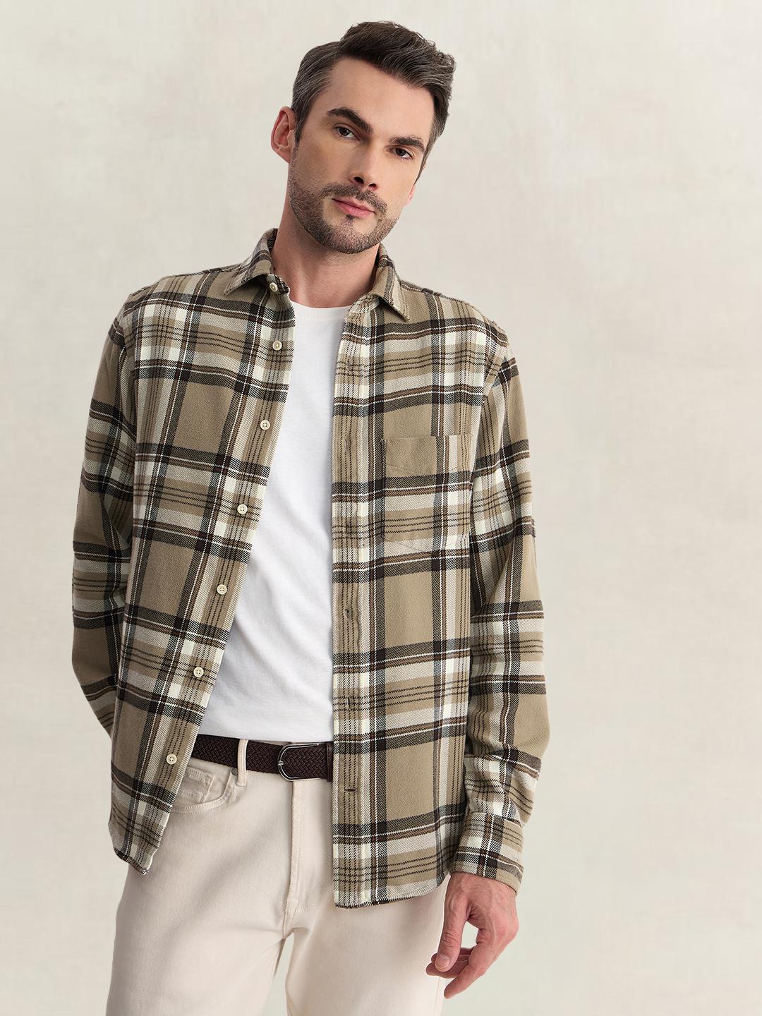 Gant Men Beige Regular Fit Flannel Check Pure Cotton Shirt