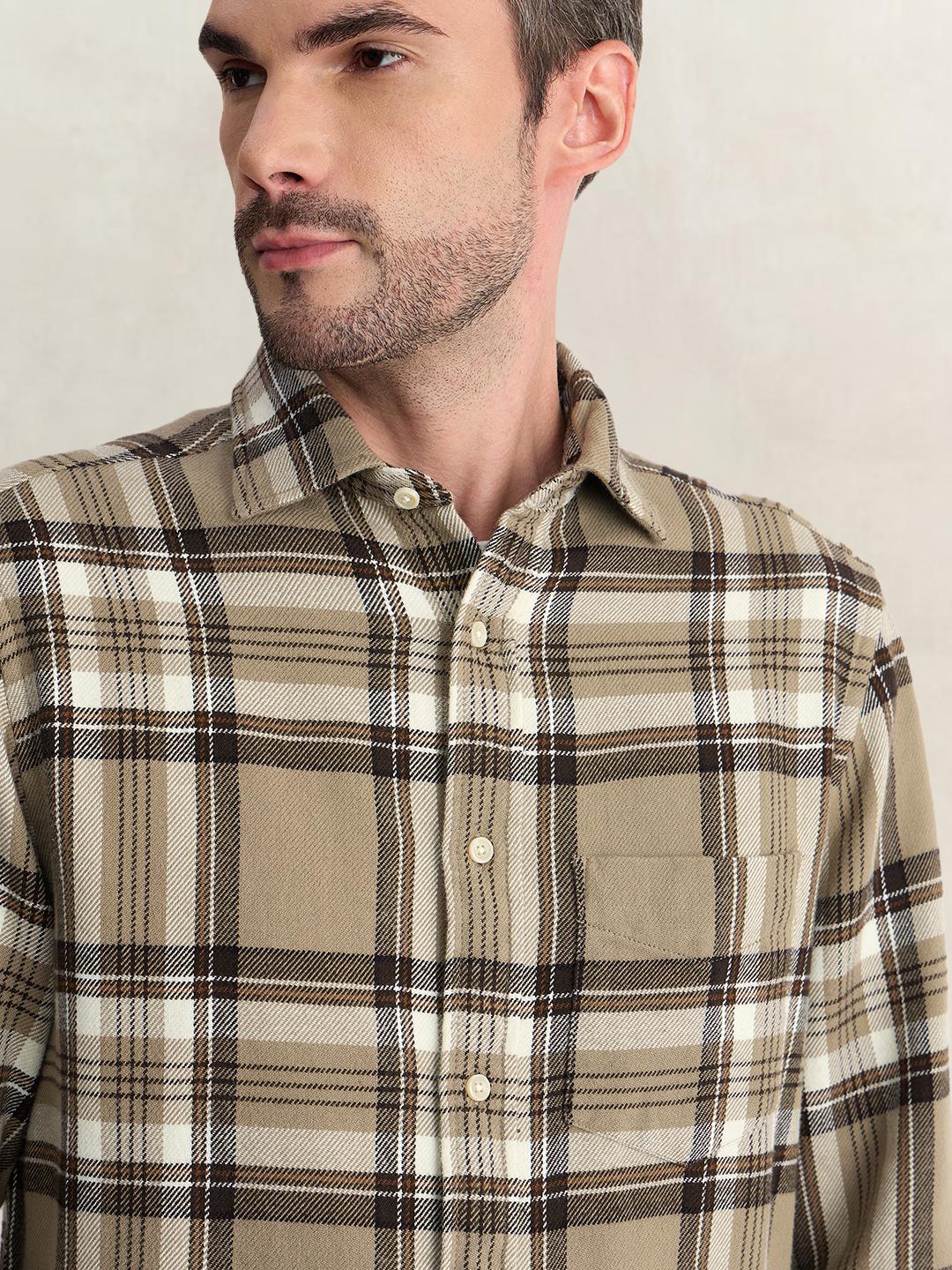 Gant Men Beige Regular Fit Flannel Check Pure Cotton Shirt